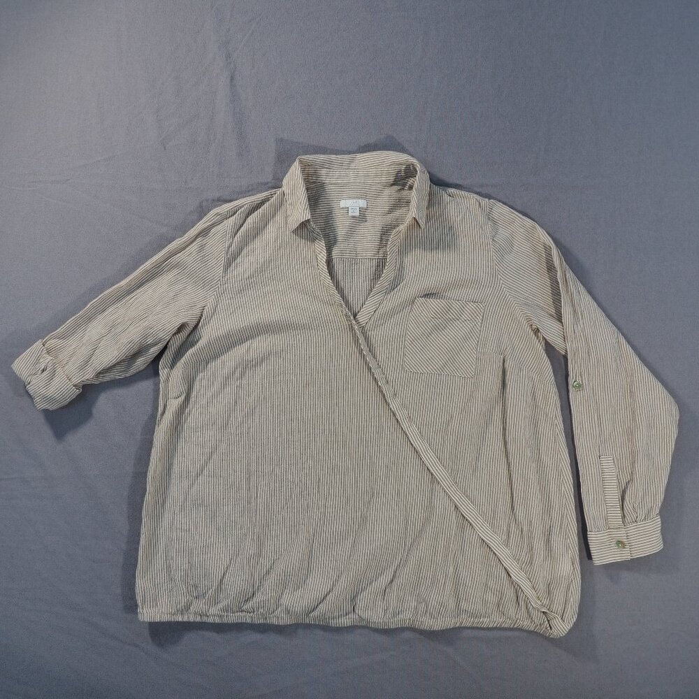 J Jill Blouse Womens 1X Tan White Striped Cotton Stretch Wrap Front Bubble Hem